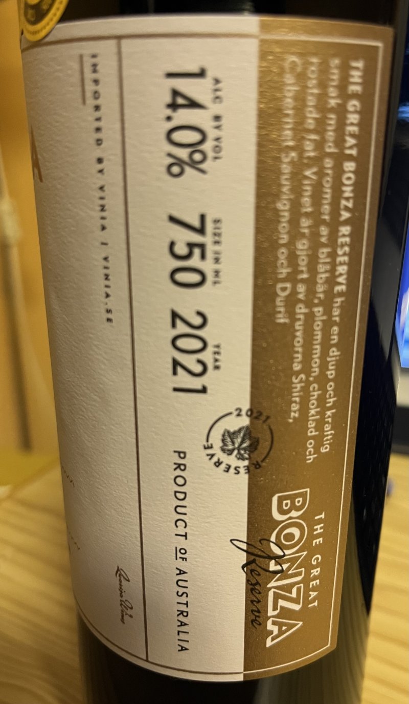 Baksida av The Great Bonza Reserve