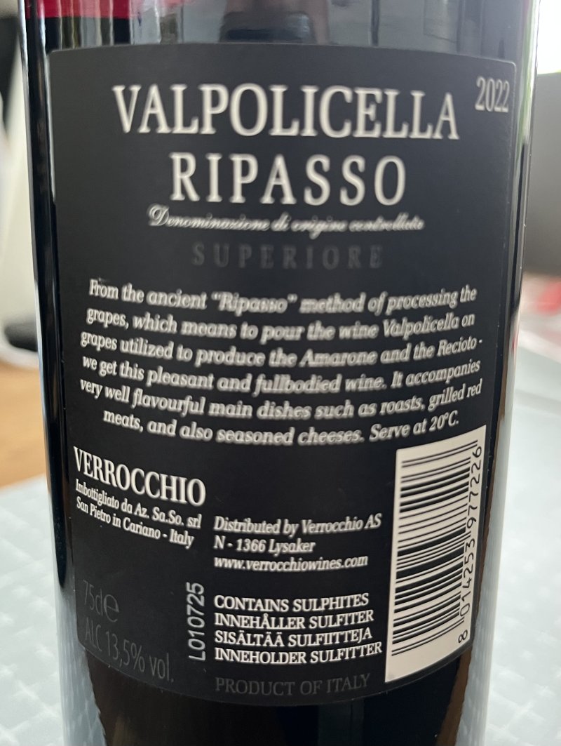 Baksida av Verrocchio Valpolicella Ripasso Superiore