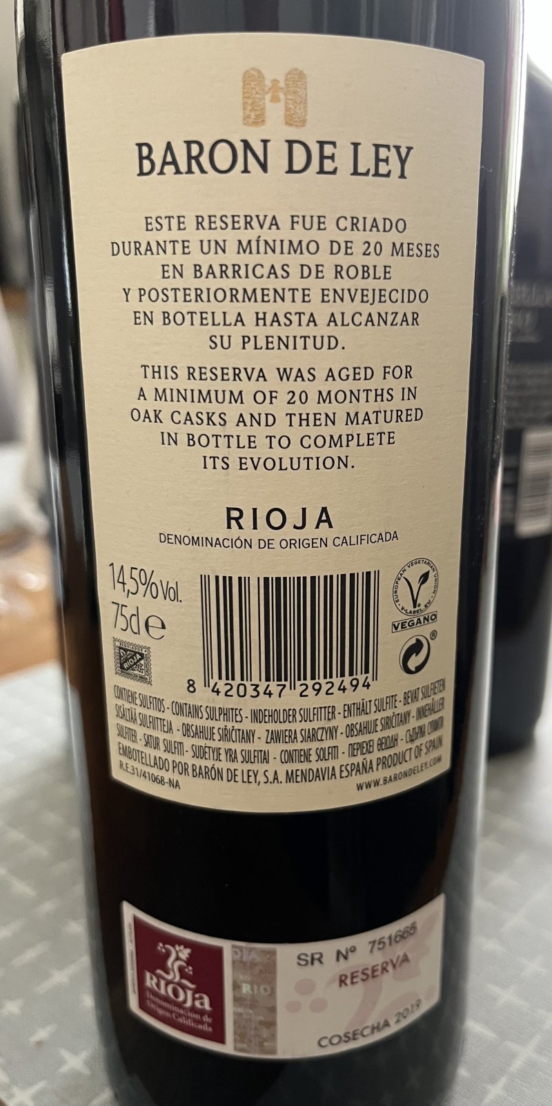 Baksida av Baron De Ley Reserva