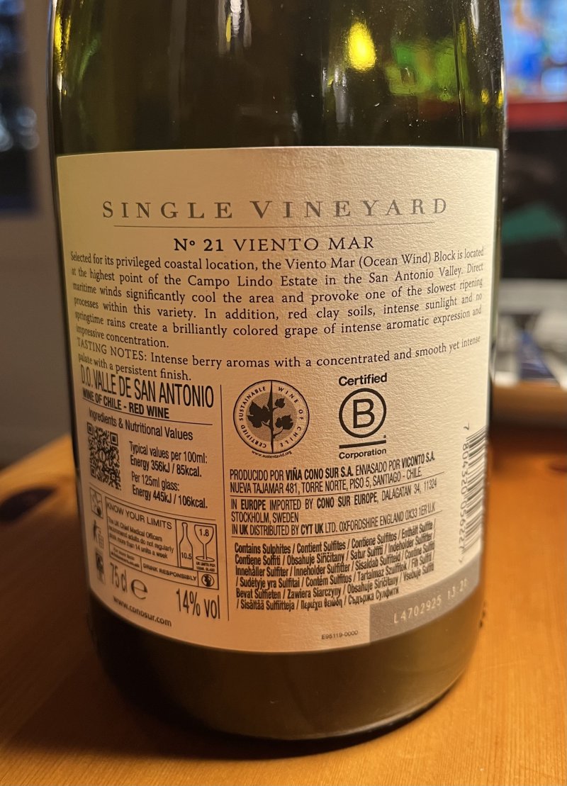 Baksida av Cono Sur Single Vineyard 21 Viento Mar