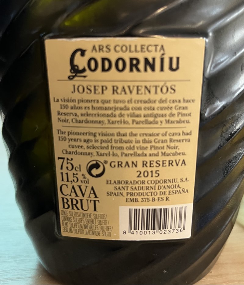 Baksida av Codorníu Ars Collecta Organic Cava Brut
