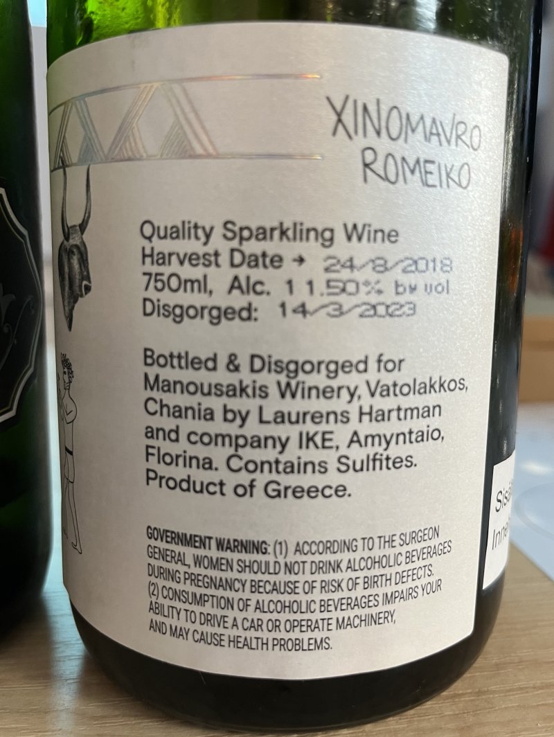 Baksida av Manousakis Hartman Molavi Extra Brut