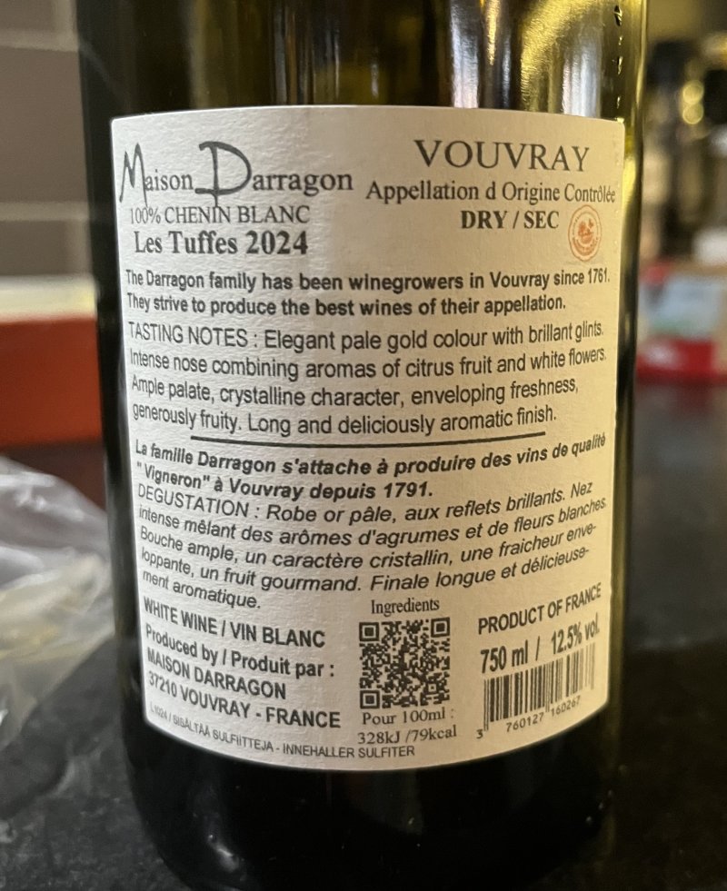 Baksida av Maison Darragon Vouvray Les Tuffes