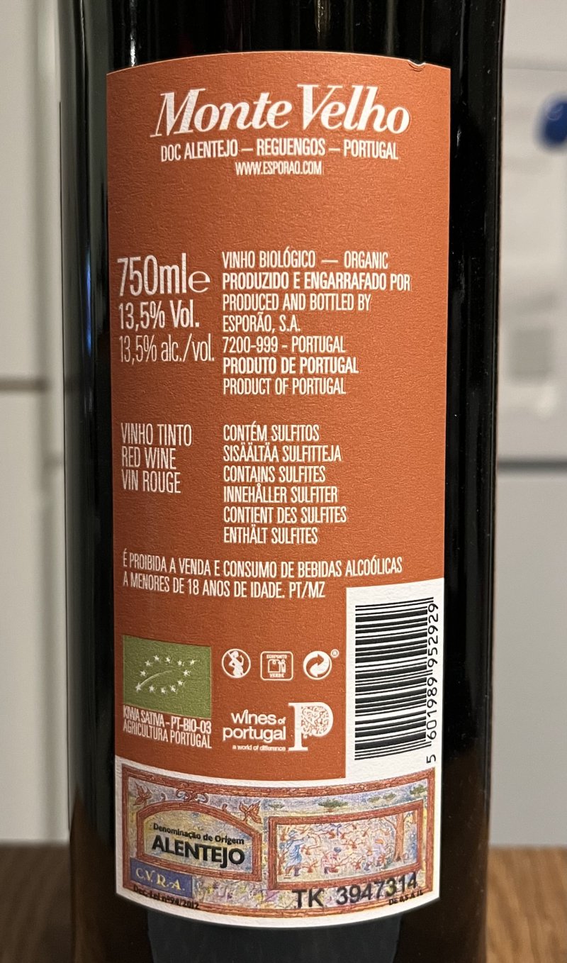 Baksida av Monte Velho Organic Red