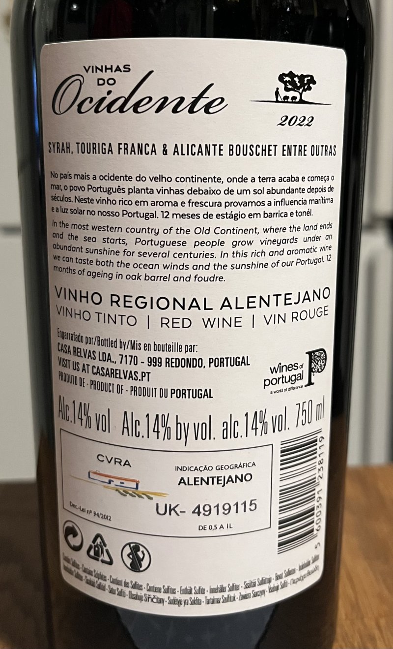 Baksida av Gran Vinhas do Ocidente Reserva