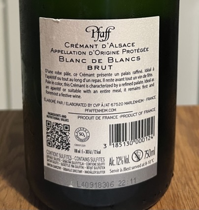 Baksida av Pfaff Crémant d'Alsace Blanc de Blancs Brut