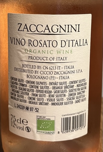 Baksida av Zaccagnini Vino Rosato DÍtalia (Viking Line)