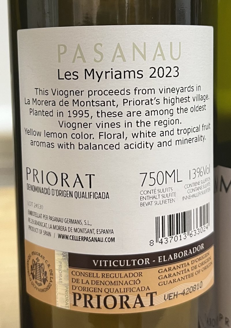 Baksida av Les Myriams Viognier Celler Pasanau