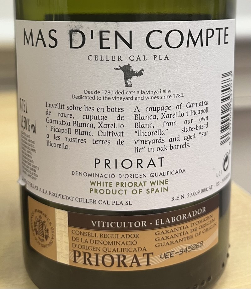 Baksida av Mas d'En Compte Blanc Celler Cal Pla