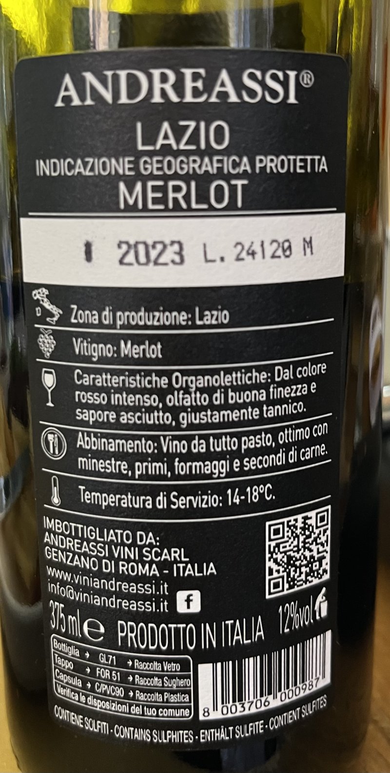 Baksida av Andreasson Lazio Merlot Collezione