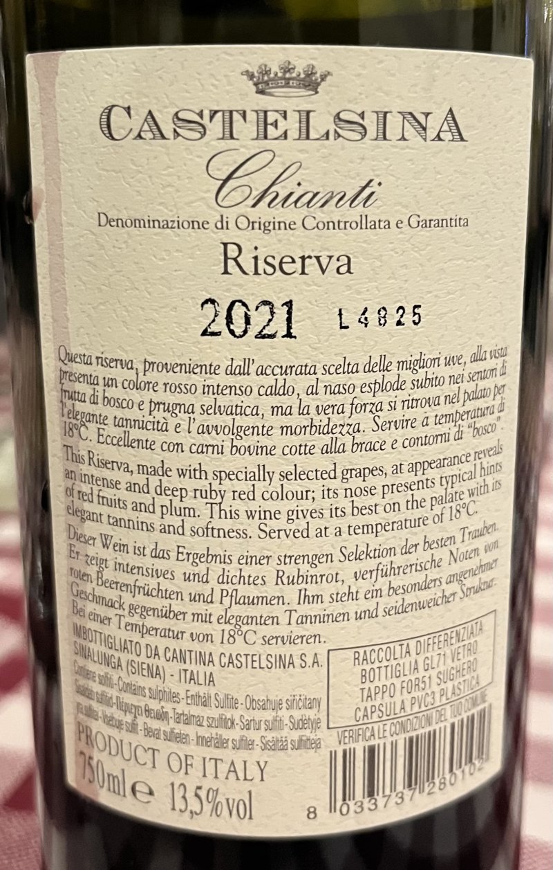 Baksida av Catelsina Chianti Riserva