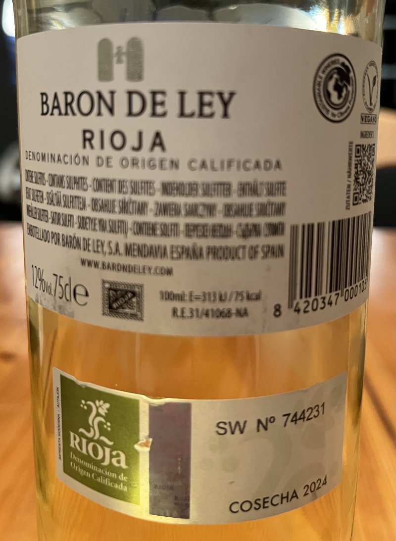 Baksida av Baron De Ley Blanco Rioja