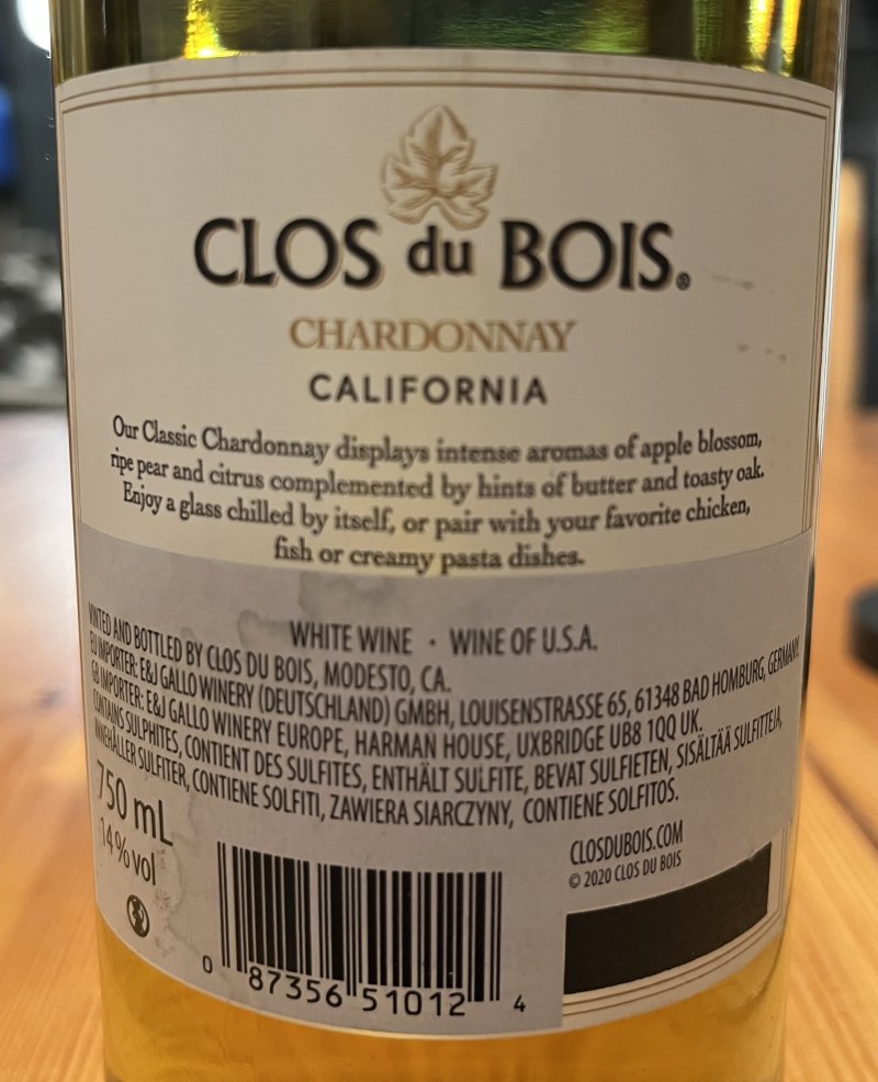 Baksida av Clous du Bois Chardonnay
