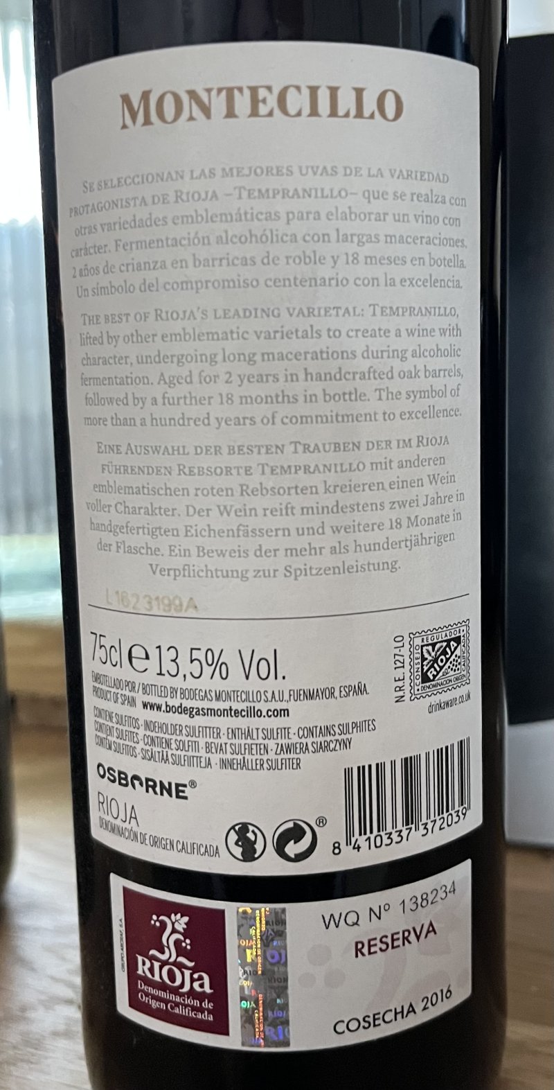 Baksida av Montecillo Rioja Reserva