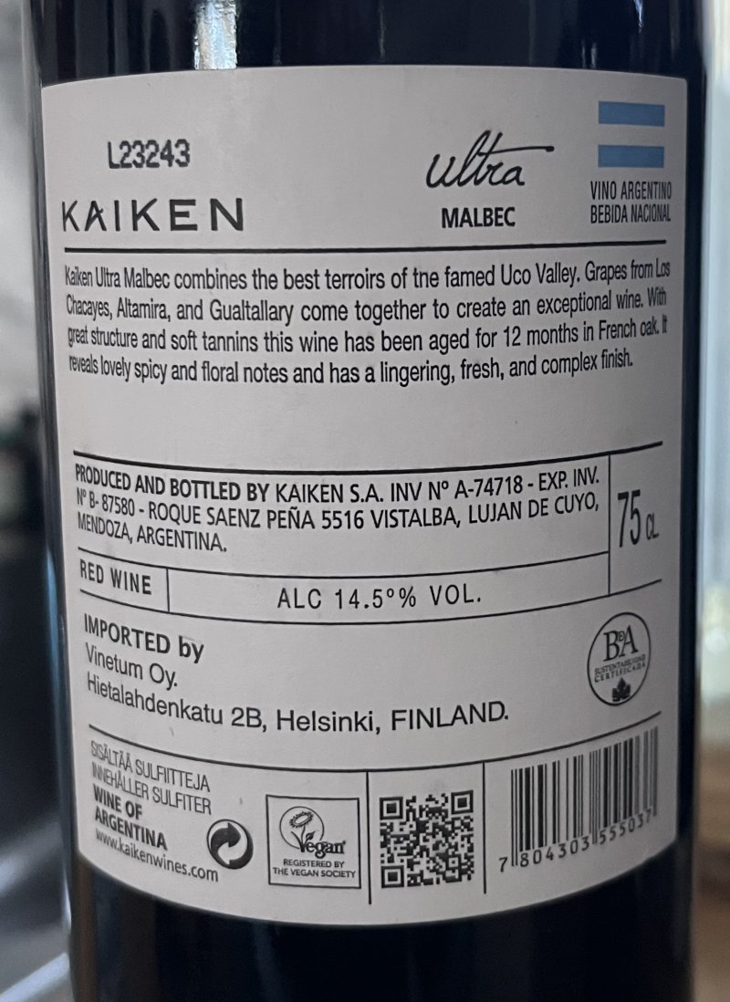 Baksida av Kaiken Ultra Malbec