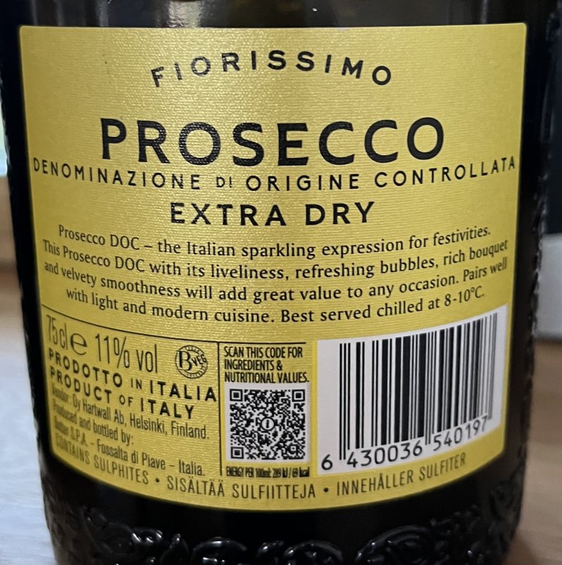 Baksida av Fiorissimo Prosecco Extra Dry