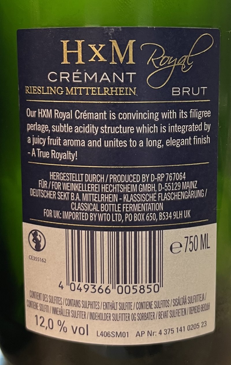 Baksida av HXM Royal Crémant Riesling Brut