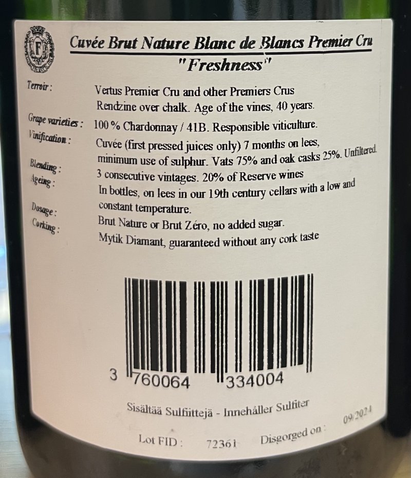 Baksida av Vve Fourny & Fils Blanc de Blancs Champagne Brut Nature