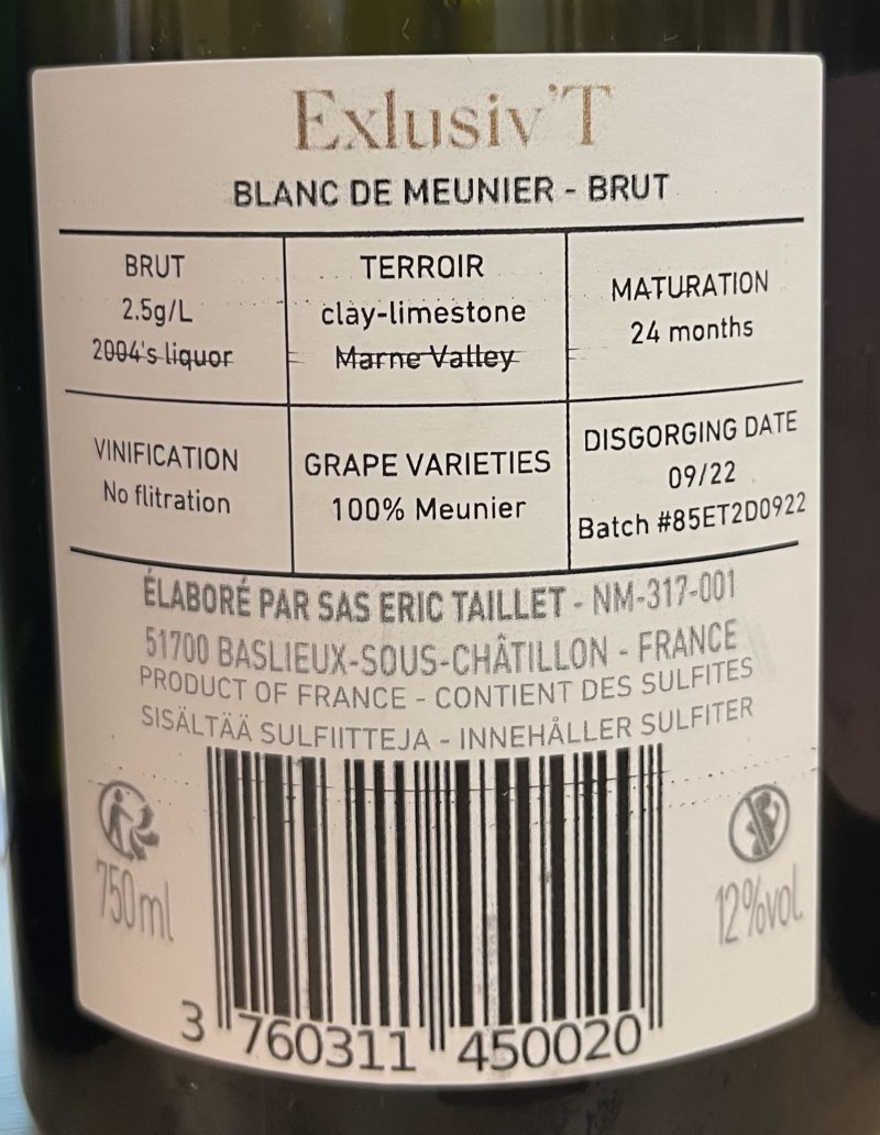 Baksida av Éric Taillet Blanc de Meunier Exlusiv'T Champagne Brut