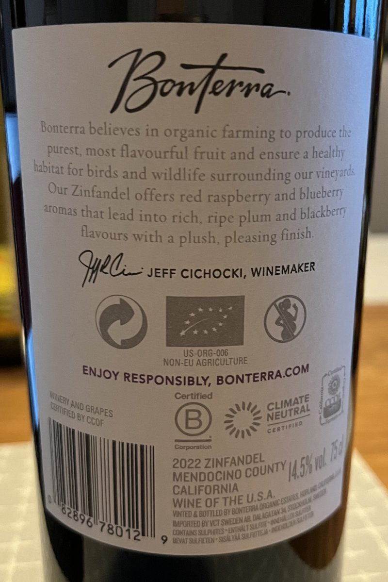 Baksida av Bonterra Zinfandel