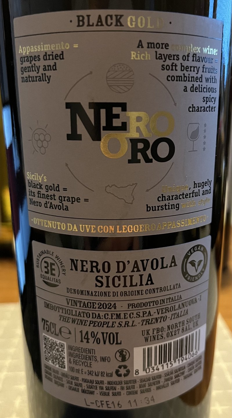 Baksida av Nero Oro Appassimento