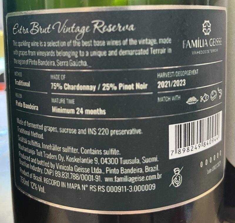 Baksida av Victoria Geisse Extra Brut Vintage