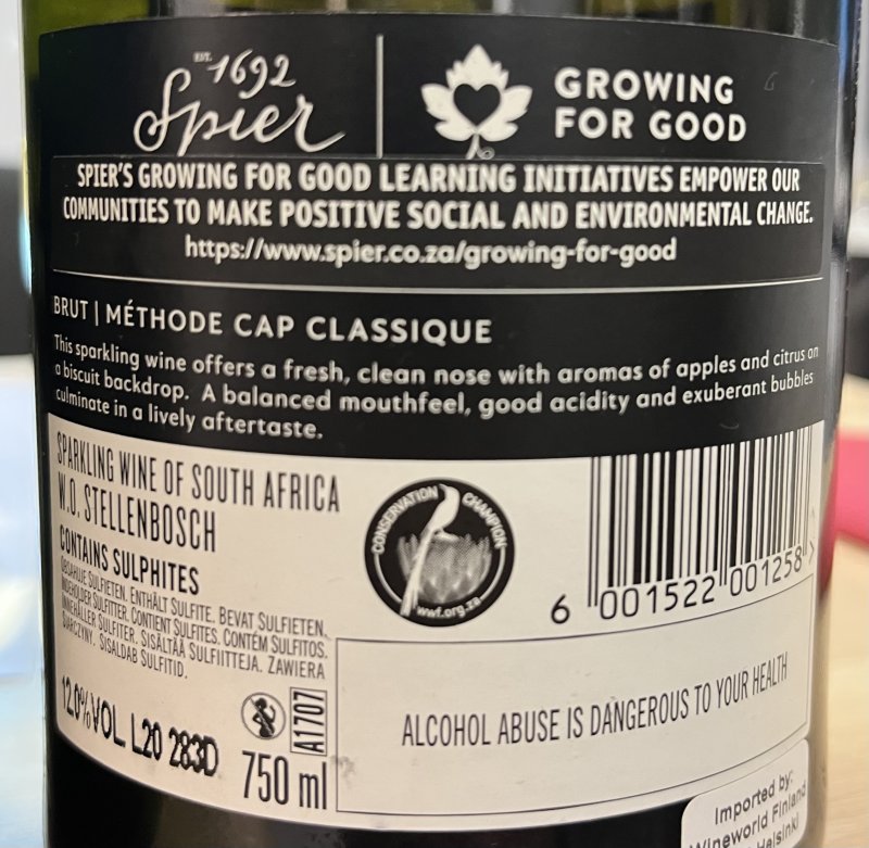 Baksida av Spier 1692 Chardonnay Pinot Noir