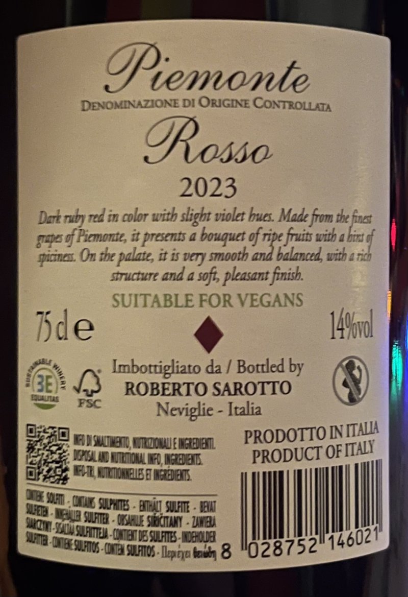 Baksida av Roberto Sarotto Piemonte Rosso