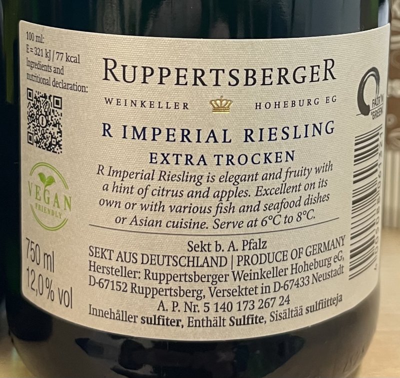 Baksida av Ruppertsberger Imperial Riesling Sekt