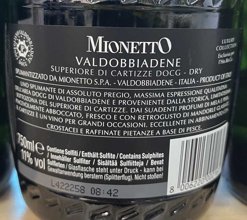 Baksida av Mionetto di Cartizze Prosecco Dry