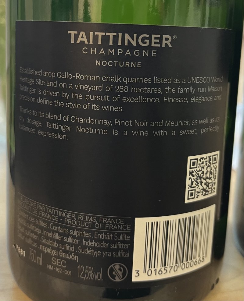 Baksida av Taittinger Nocturne Champagne Sec