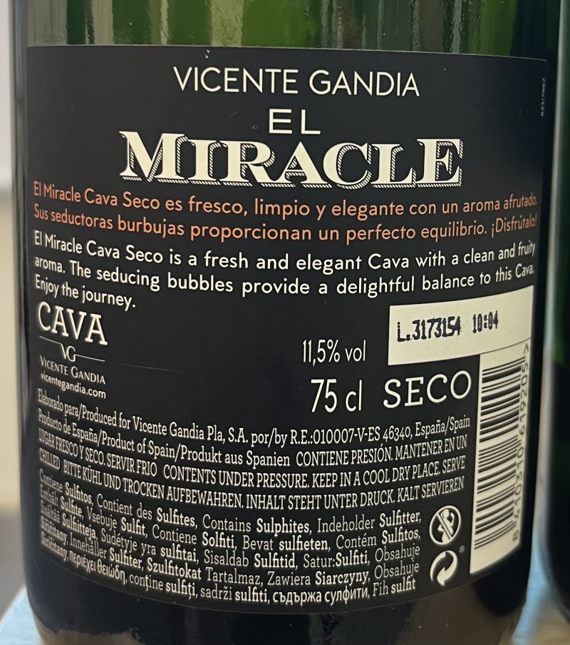 Baksida av El Miracle Cava Seco