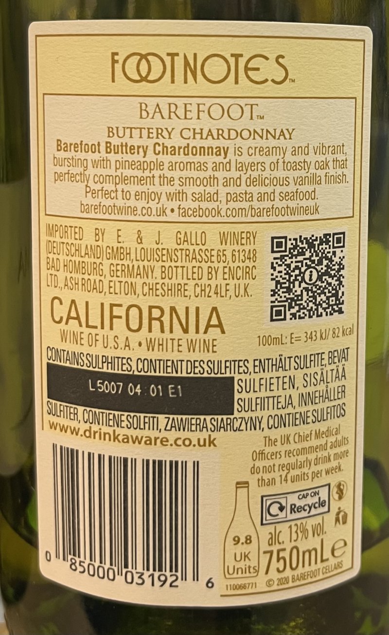 Baksida av Barefoot Buttery Chardonnay