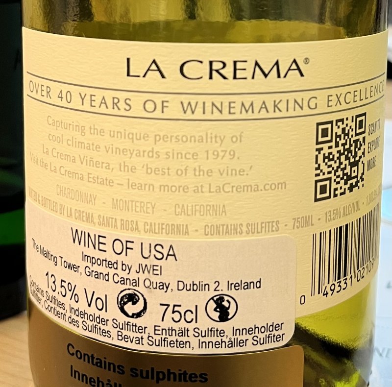 Baksida av La Crema Monterey Chardonnay