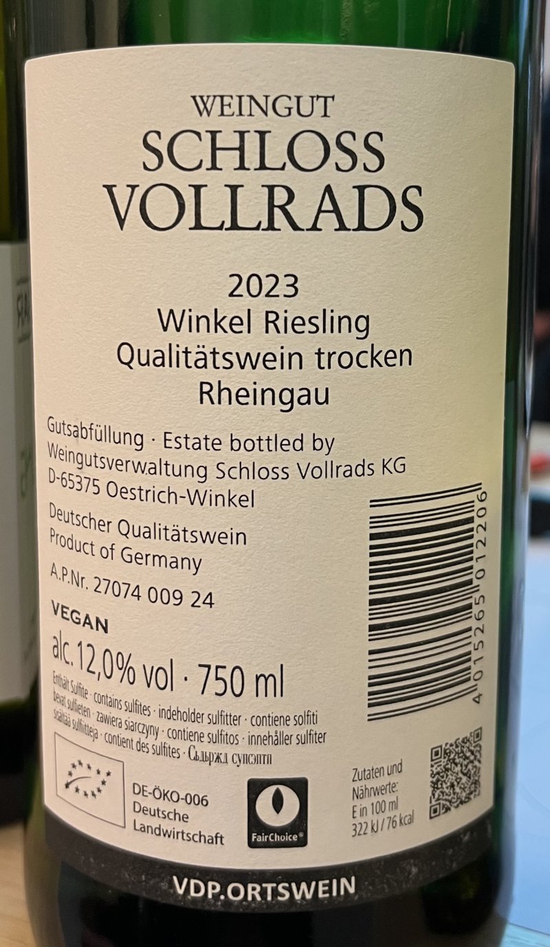 Baksida av Schloss Vollrads Winkel Riesling Trocken