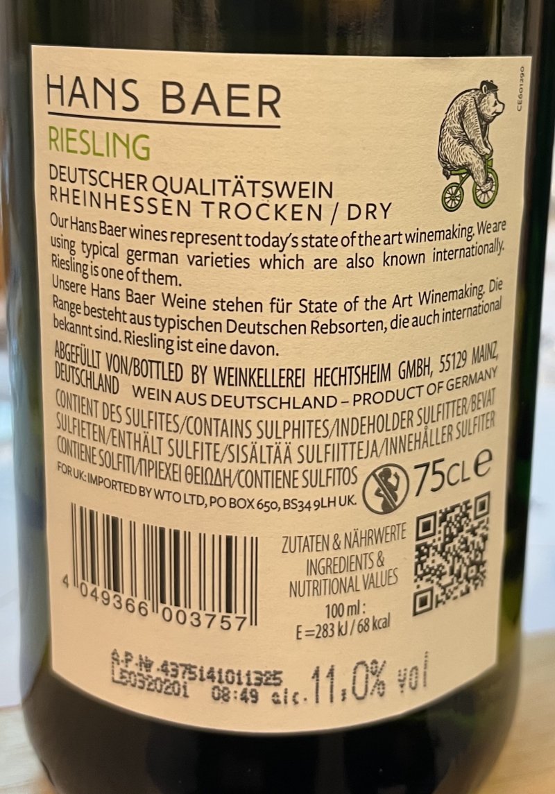 Baksida av Hans Baer Riesling