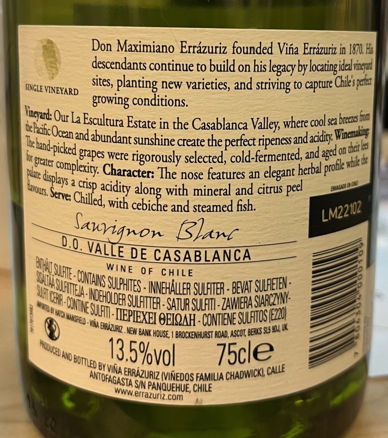 Baksida av Errázuriz Sauvignon Blanc Single Vineyard