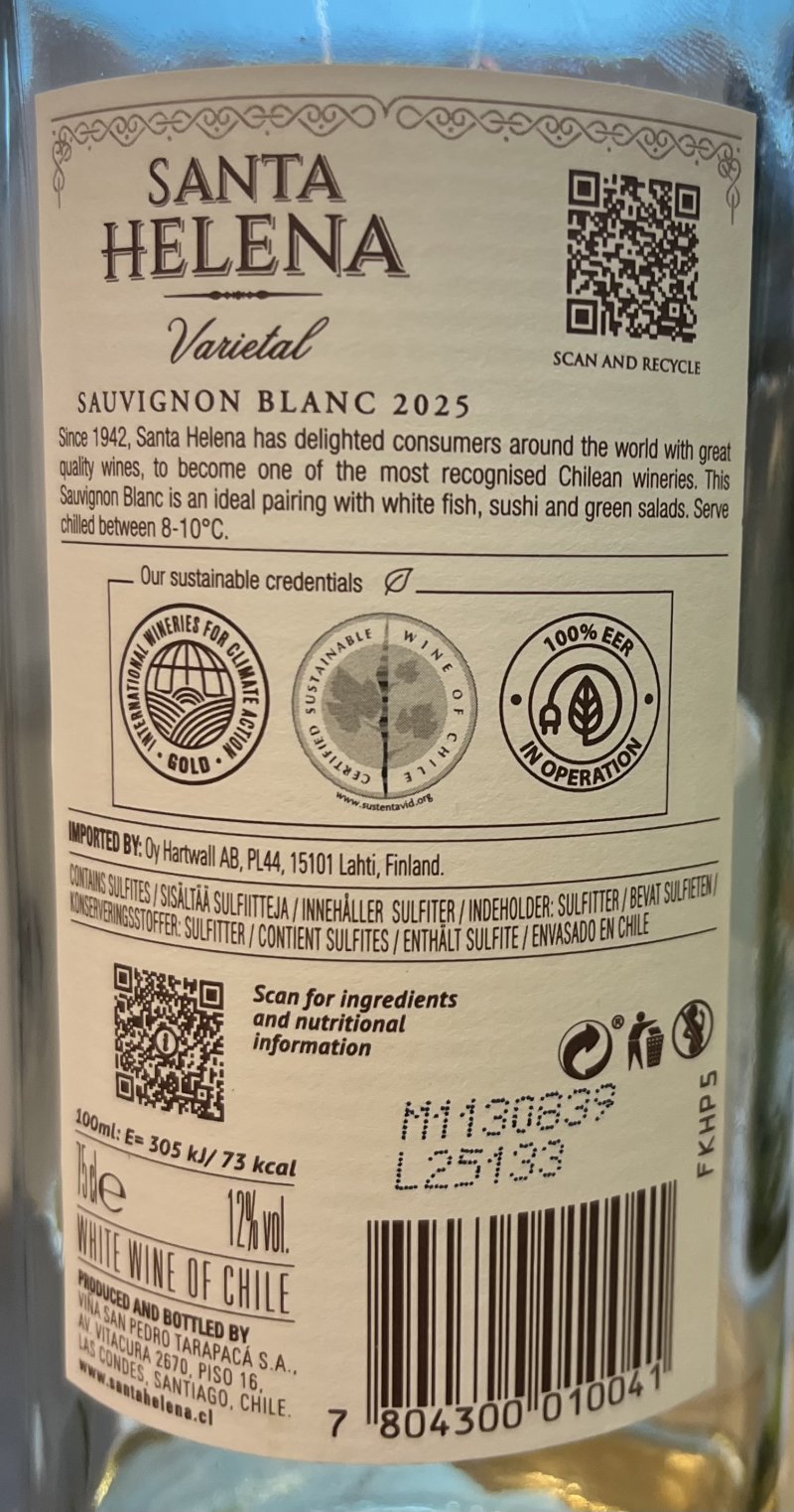 Baksida av Santa Helena Varietal Sauvignon Blanc