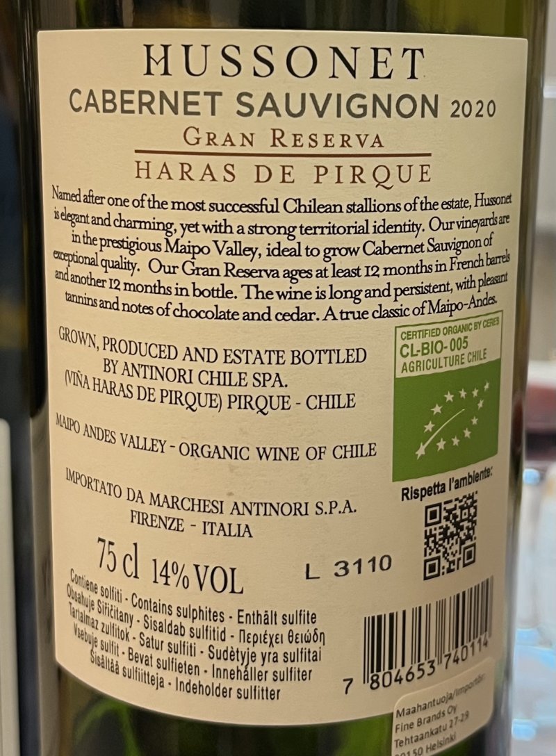 Baksida av Hussonet Gran Reserva Cabernet Sauvignon