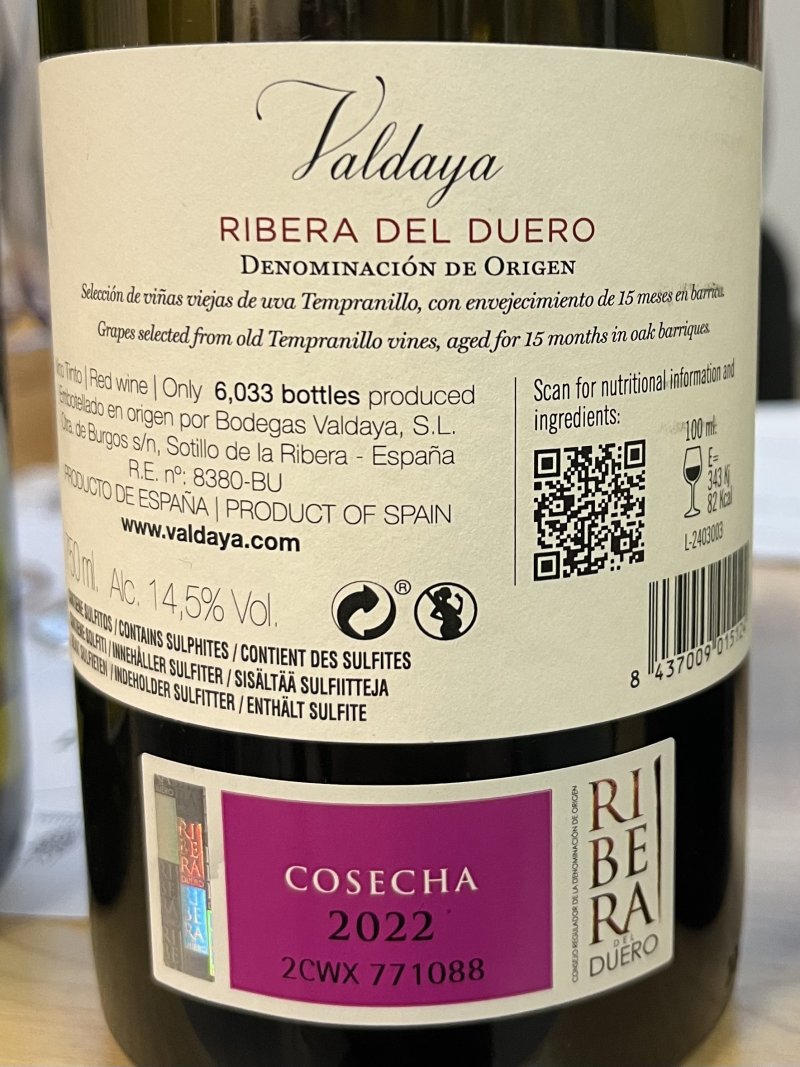 Baksida av Valdaya Ribera Del Duero
