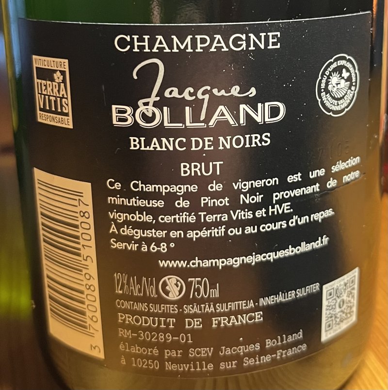 Baksida av Jacques Bolland Blanc de Noirs Champagne Brut