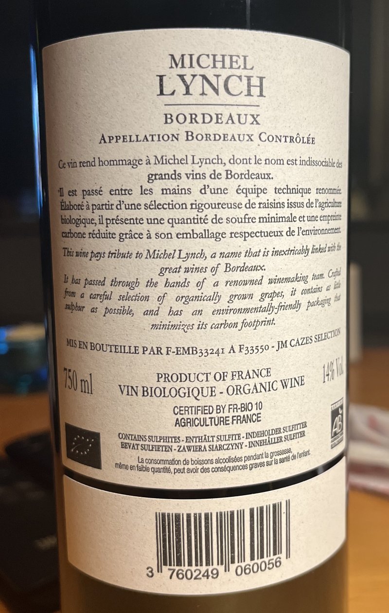 Baksida av Michel Lynch Bordeaux
