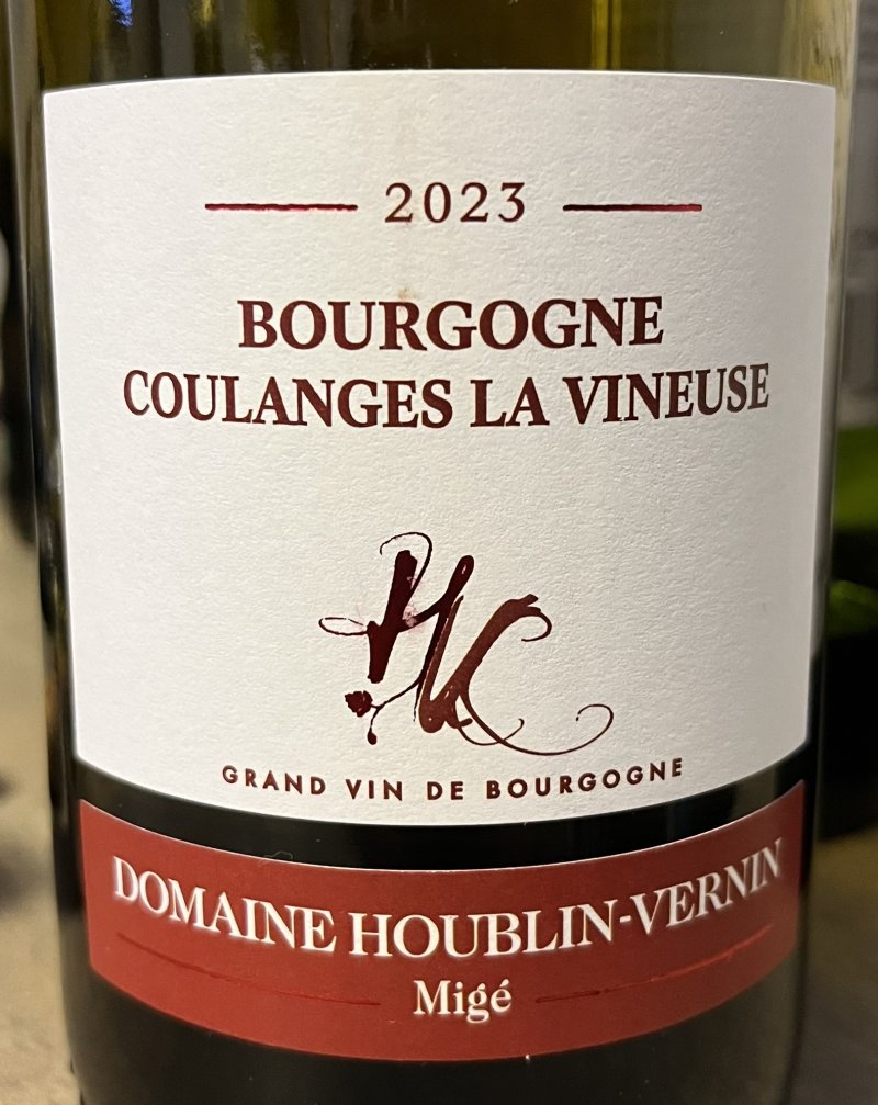 Framsida av Domaine Houblin-Vernin Bourgogne Coulanges La Vineuse Rouge 2023