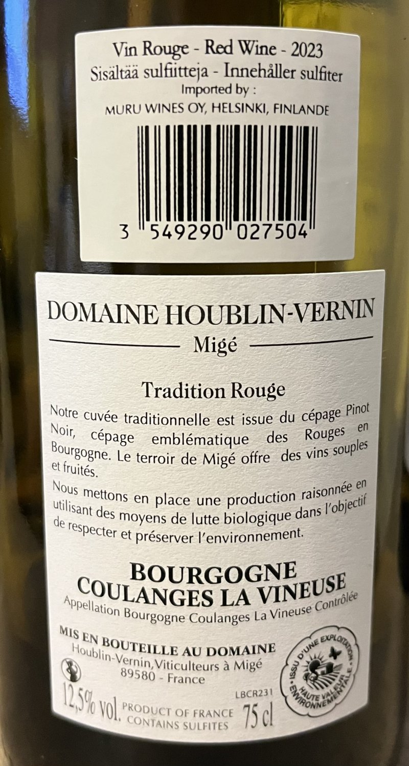 Baksida av Domaine Houblin-Vernin Bourgogne Coulanges La Vineuse Rouge 2023