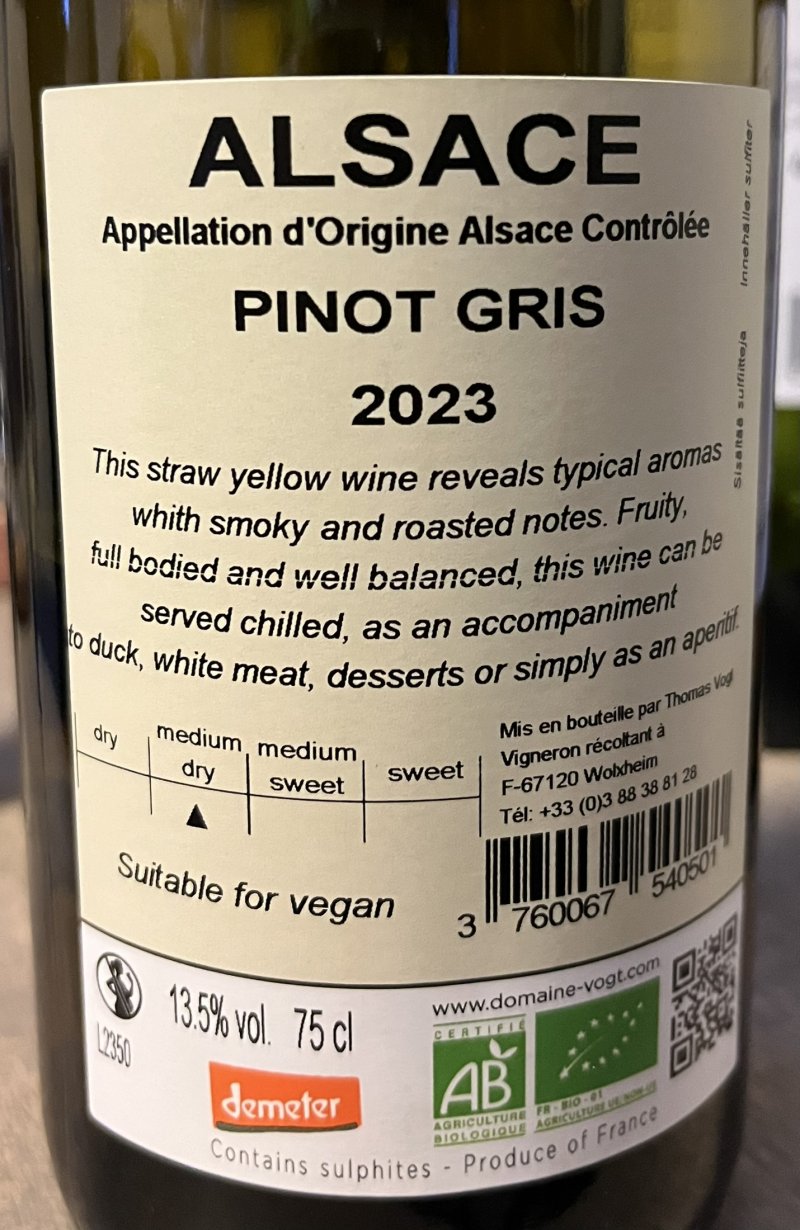 Baksida av Laurent Vogt Pinot Gris 2023