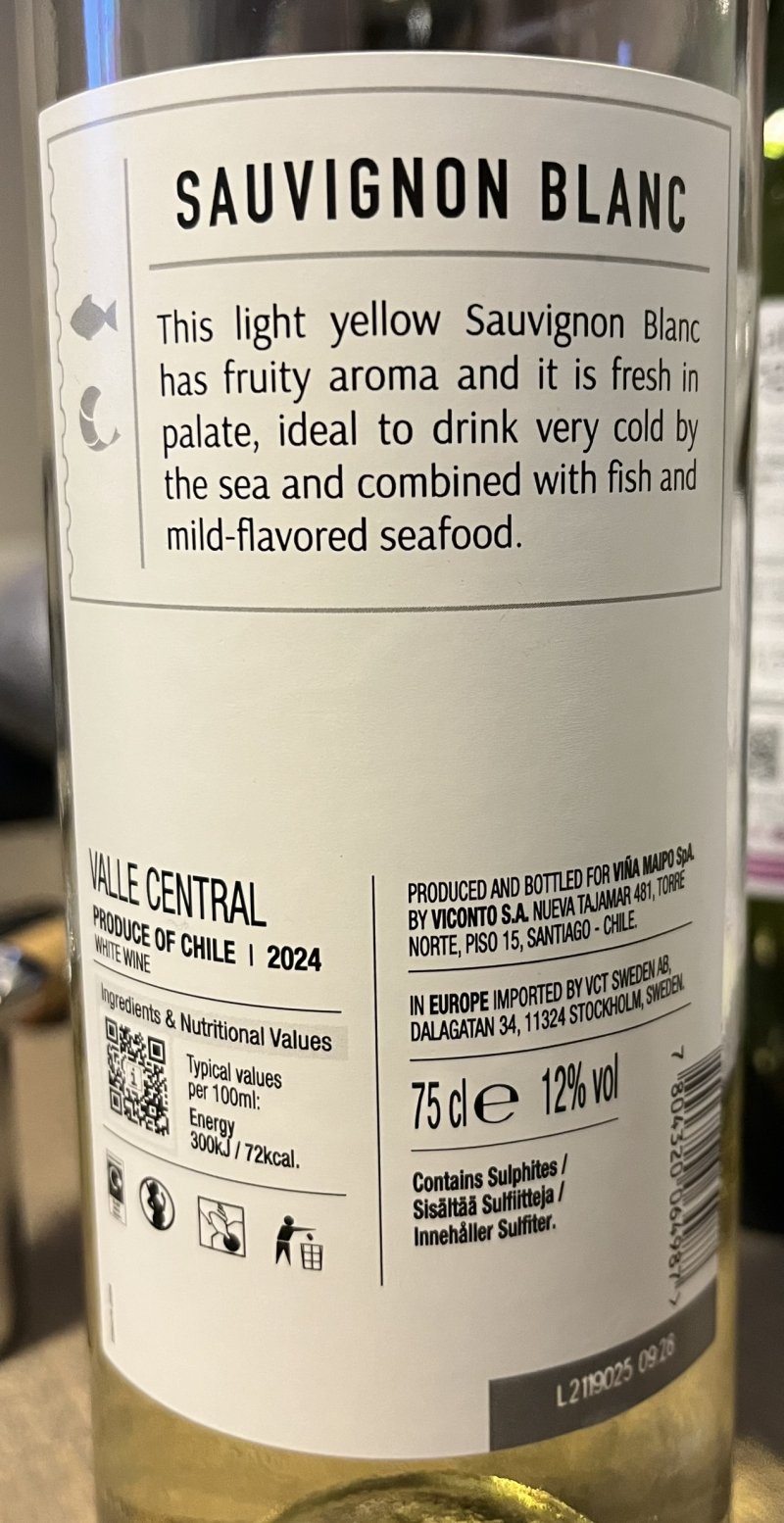 Baksida av Vina Maipo Sauvignon Blanc