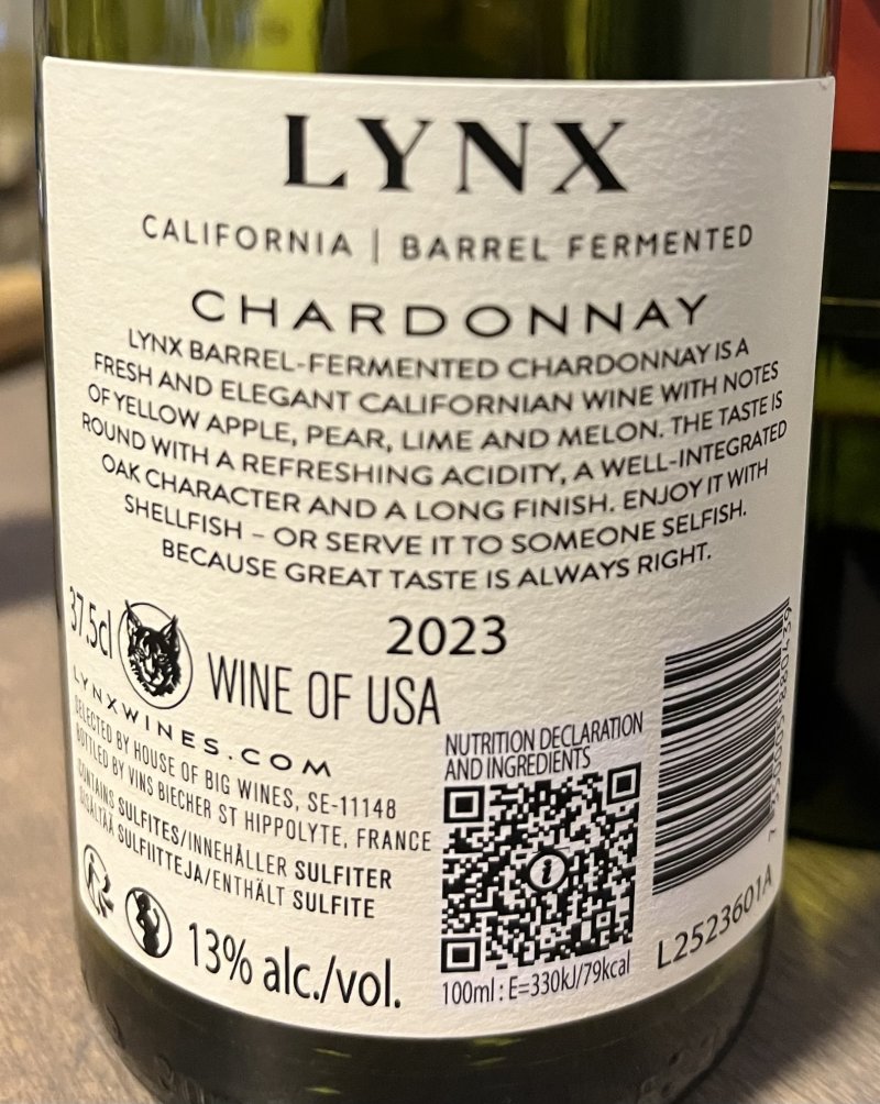 Baksida av Lynx Chardonnay