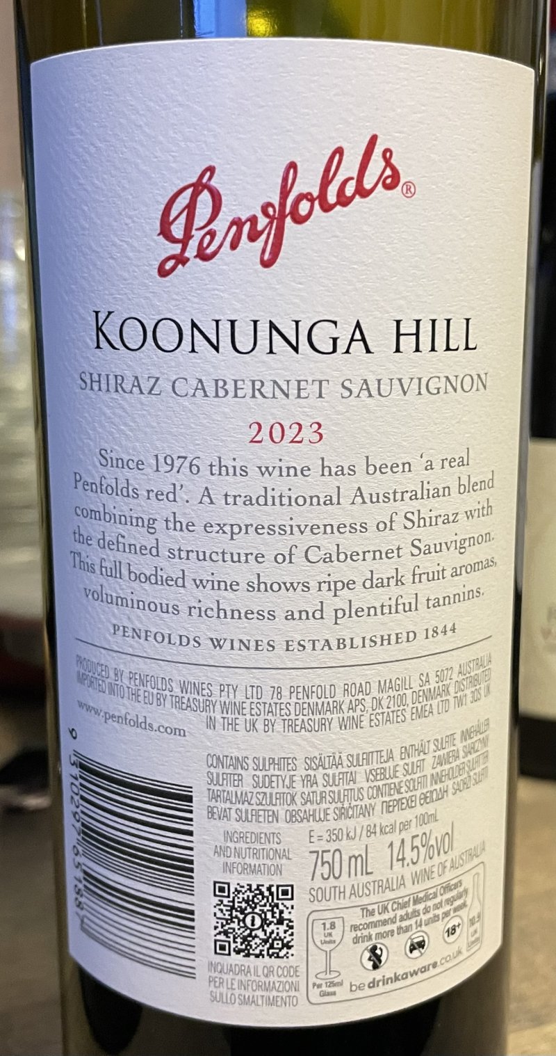 Baksida av Penfolds Koonunga Hill Shiraz Cabernet