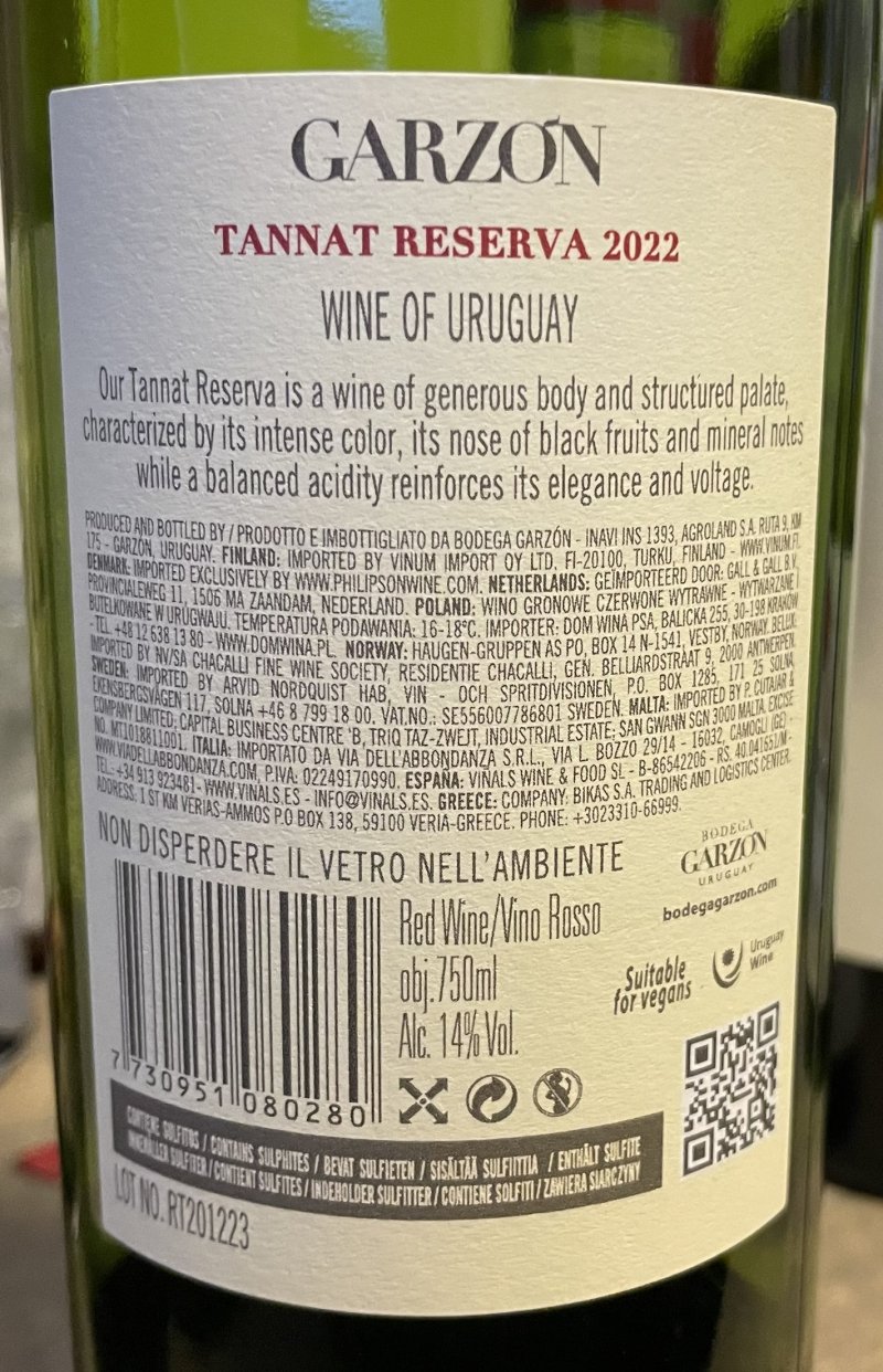 Baksida av Garzón Tannat Reserva