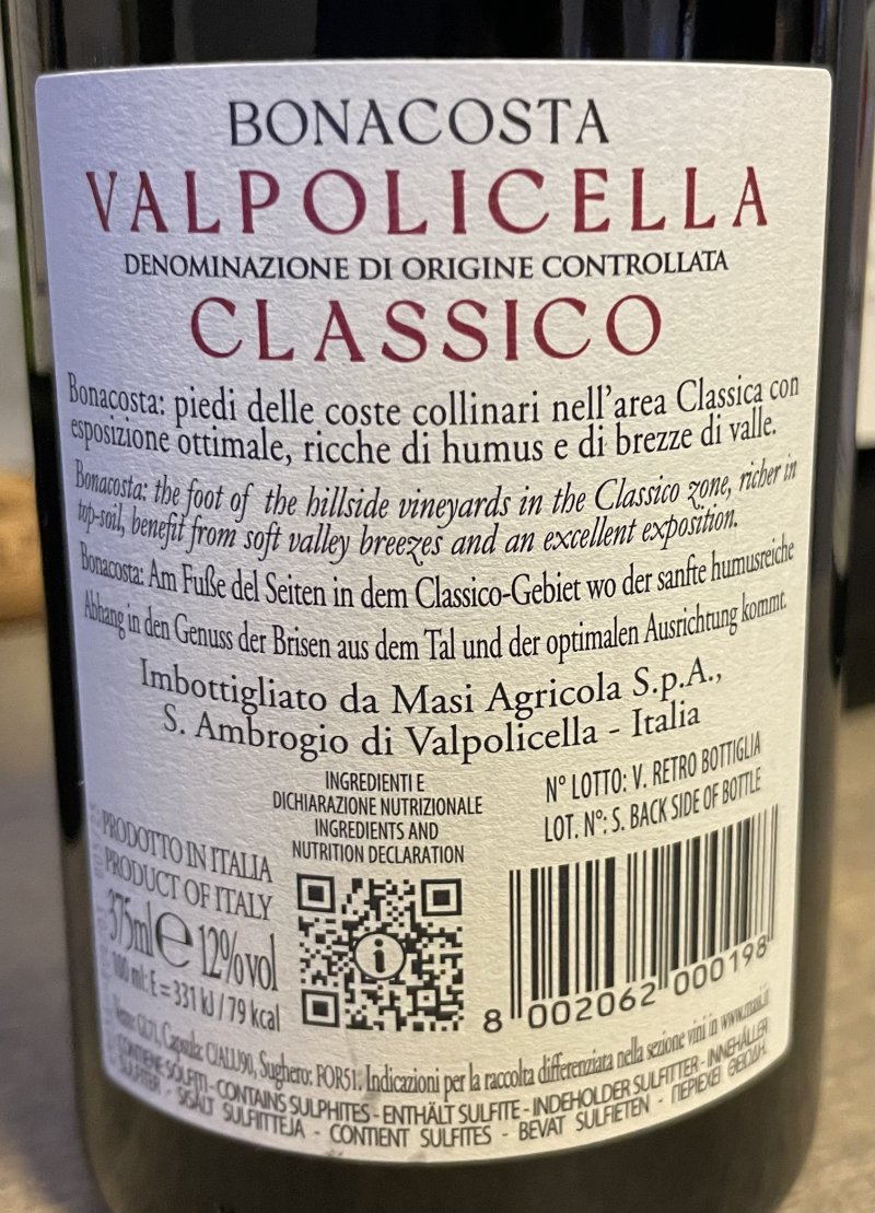 Baksida av Masi Bonacosta Valpolicella Classico